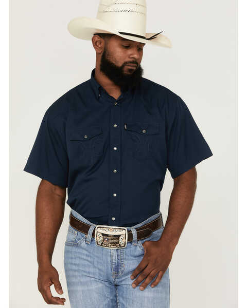 HOOey Men's Sol Solid Navy Short Sleeve Snap Western Shirt , Navy, hi-res