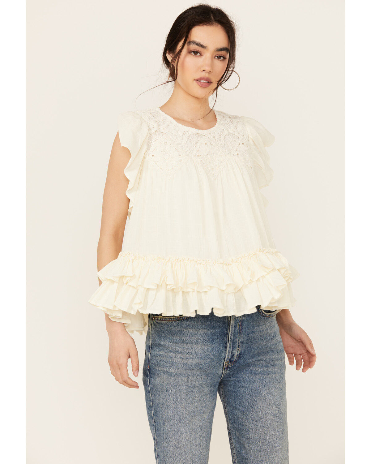 Image #1 - Miss Me Women's Sleeveless Ruffle Hem Top, Ivory, hi-res