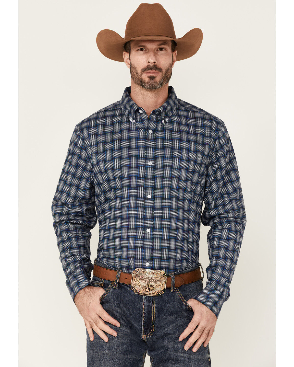 Image #1 - Cody James Core Men's Wicker Small Plaid Long Sleeve Button Down Western Shirt, Blue, hi-res