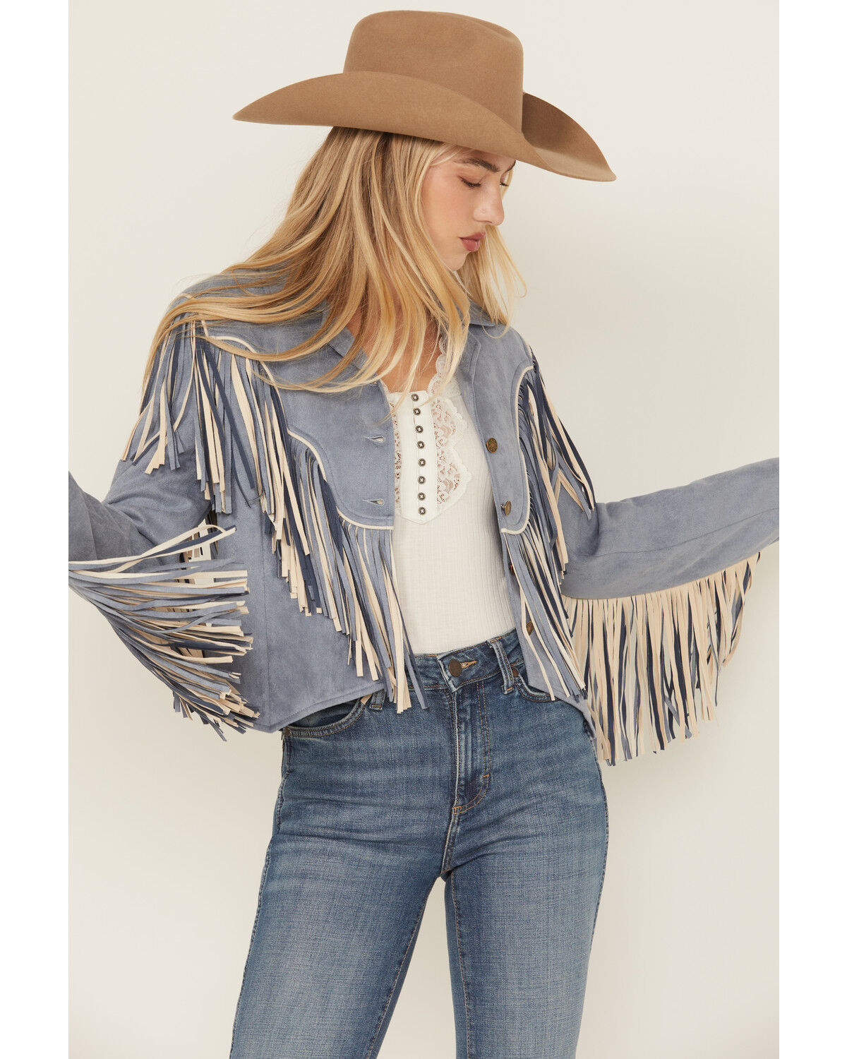 Image #1 - Saints & Hearts Women's Faux Fringe Suede Button-Down Jacket, Blue, hi-res