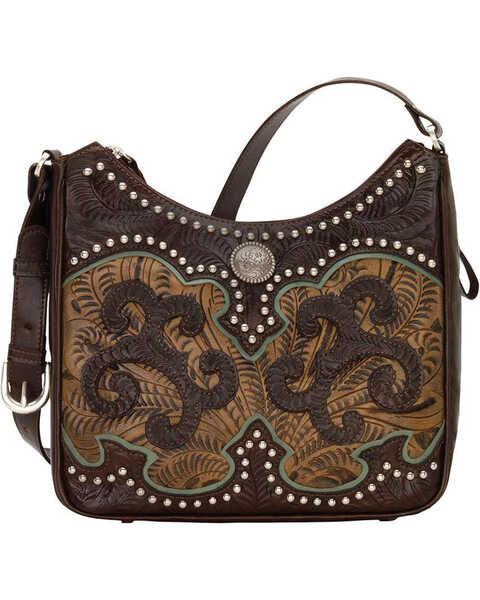 American West Women's Hand Tooled Concealed Carry Shoulder Bag, Chocolate, hi-res
