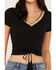 Image #3 - Shyanne Women's Beaded Short Sleeve Front Tie Shirt, Black, hi-res