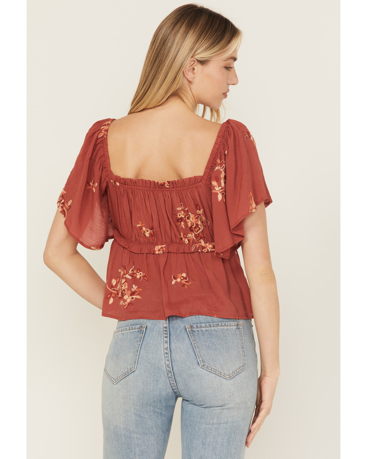 Image #4 - Wild Moss Women's Floral Embroidered Short Sleeve Peplum Top, Rust Copper, hi-res