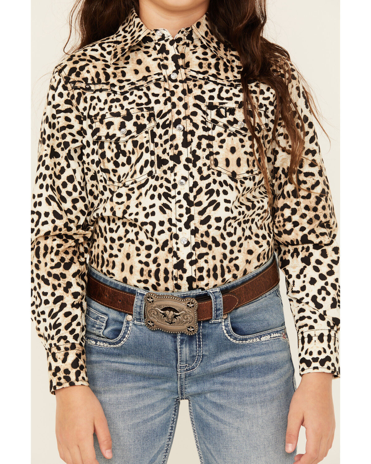 Image #3 - Cowgirl Hardware Girls' Leopard Print Long Sleeve Snap Western Shirt, Natural, hi-res