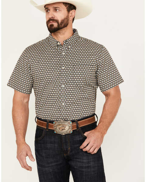 Cody James Men's Dillon Geo Print Short Sleeve Button-Down Stretch Western Shirt - Big, Tan, hi-res