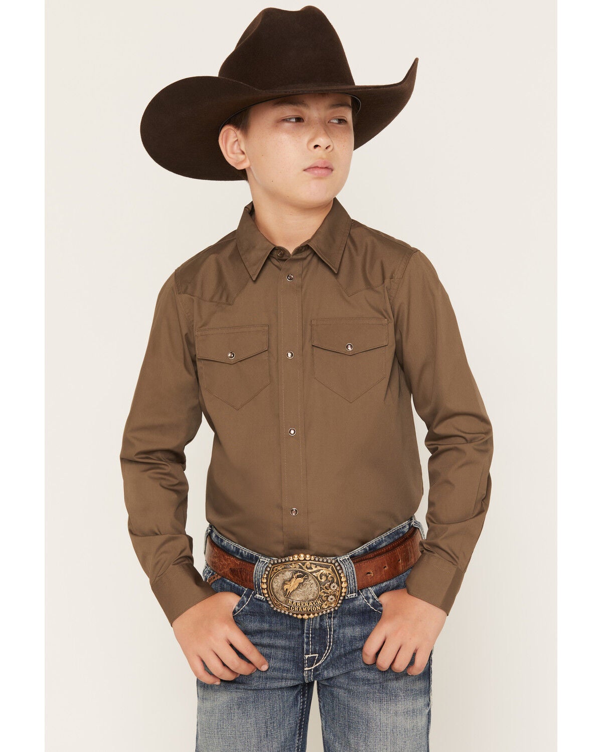 Gibson Trading Co Boys' Solid Long Sleeve Snap Western Shirt, Chocolate, hi-res