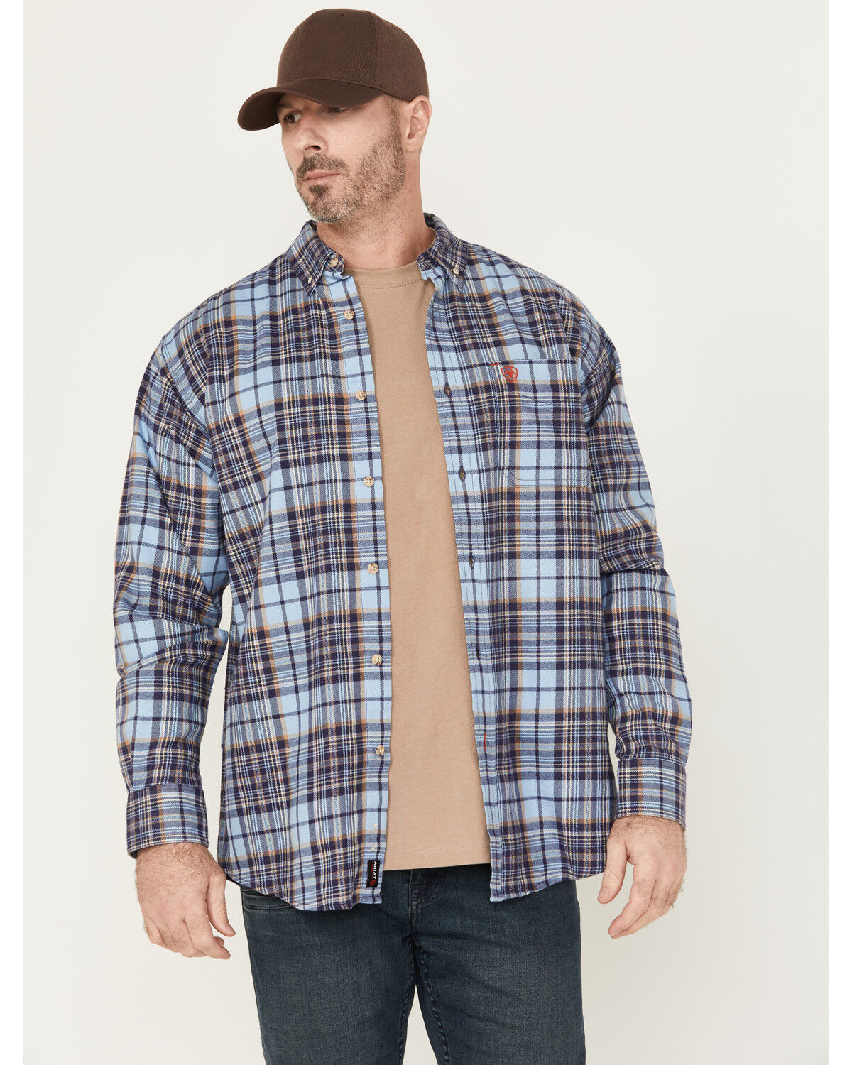 Image #1 - Ariat Men's FR Cienega Plaid Print Long Sleeve Button-Down Work Shirt, Indigo, hi-res