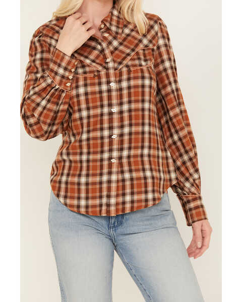 Image #3 - Shyanne Women's Plaid Print Long Sleeve Button-Down Flannel Shirt, Caramel, hi-res