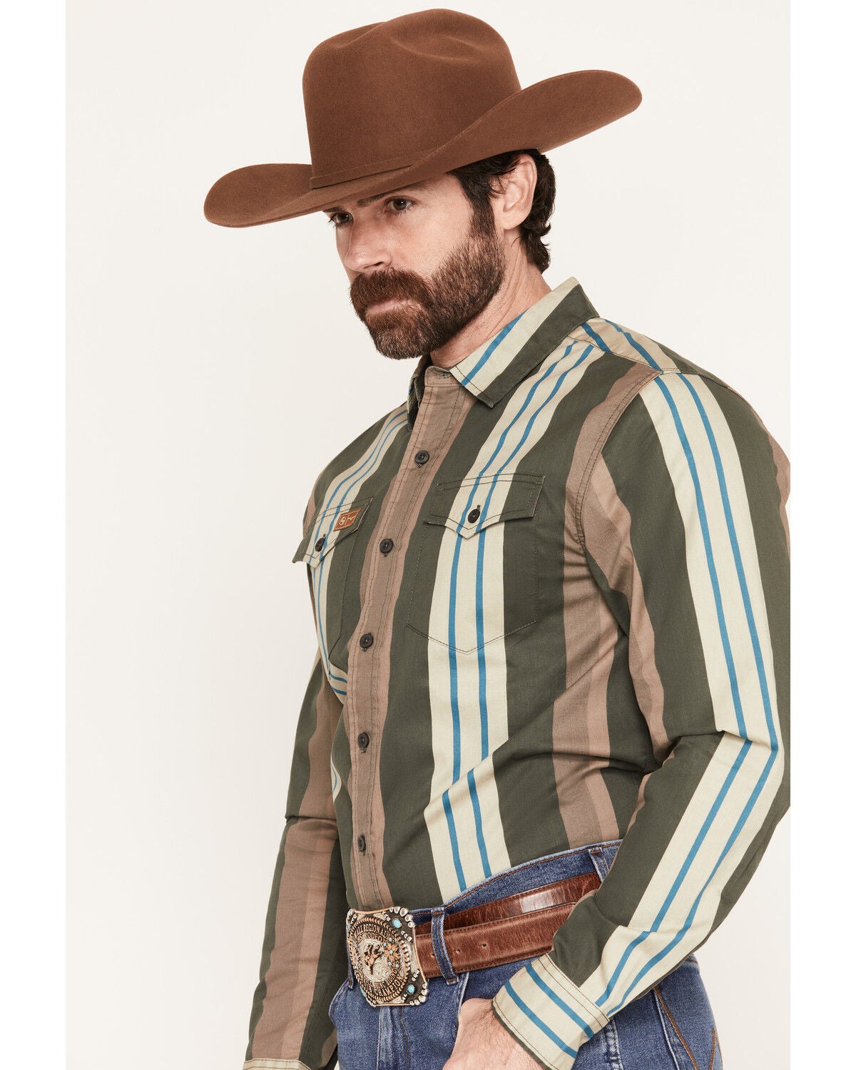 Image #2 - Zach Top X Kimes Ranch Men's Noxx Striped Long Sleeve Button-Down Western Shirt, Green, hi-res