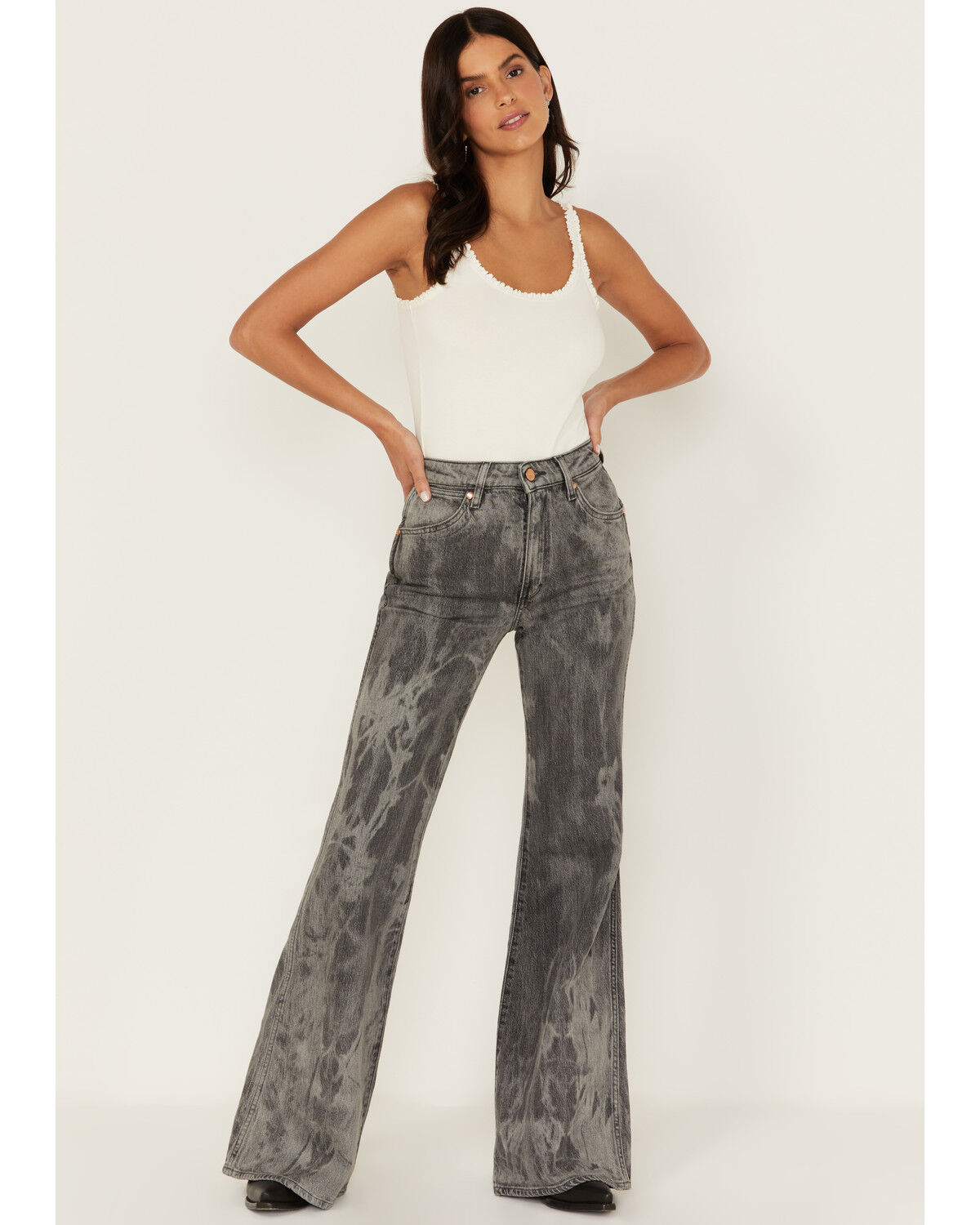 Image #1 - Wrangler Women's Wanderer Laser Acid Wash High Rise Distressed Flare Jeans, Black, hi-res