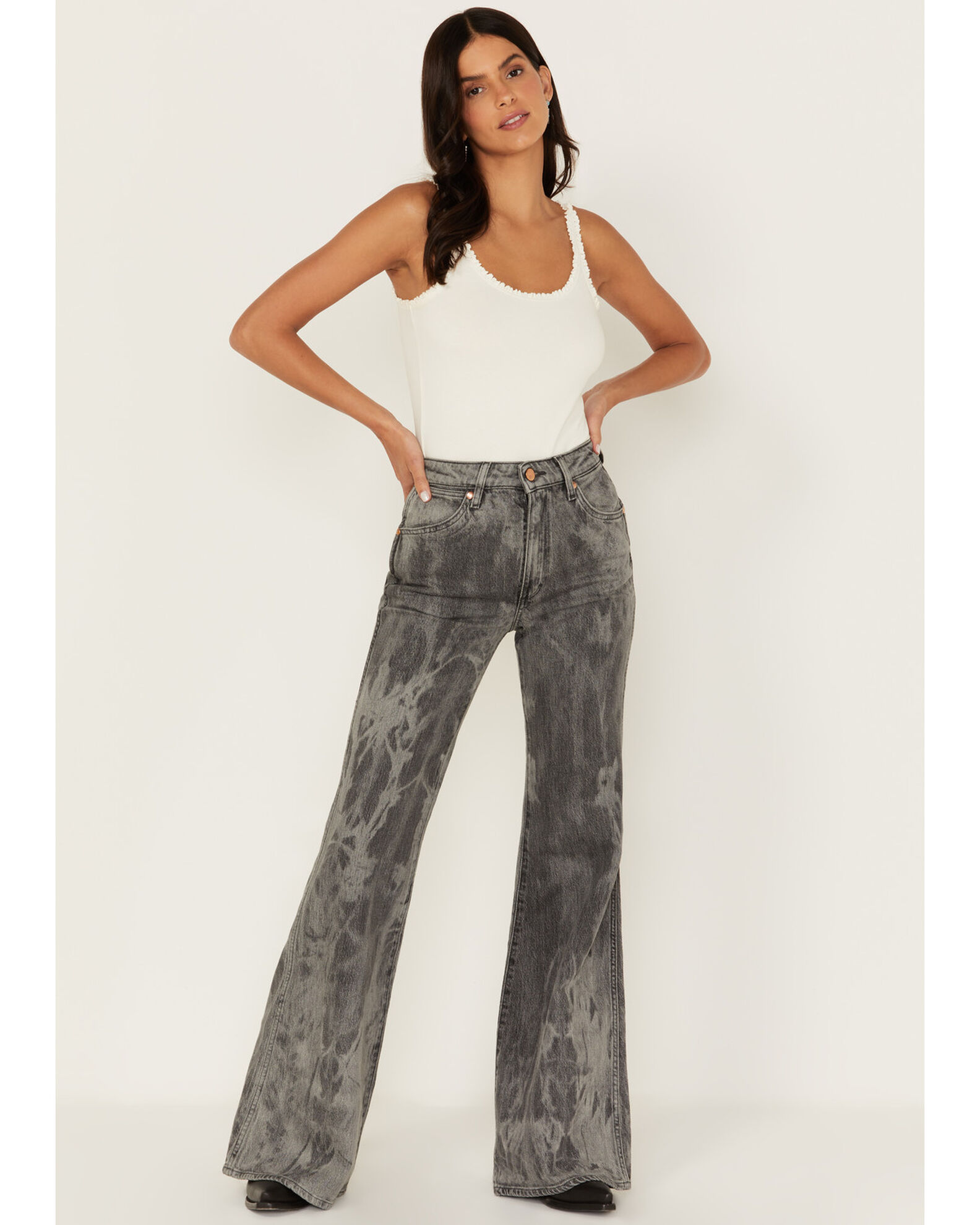 Image #1 - Wrangler Women's Wanderer Laser Acid Wash High Rise Distressed Flare Jeans, Black, hi-res