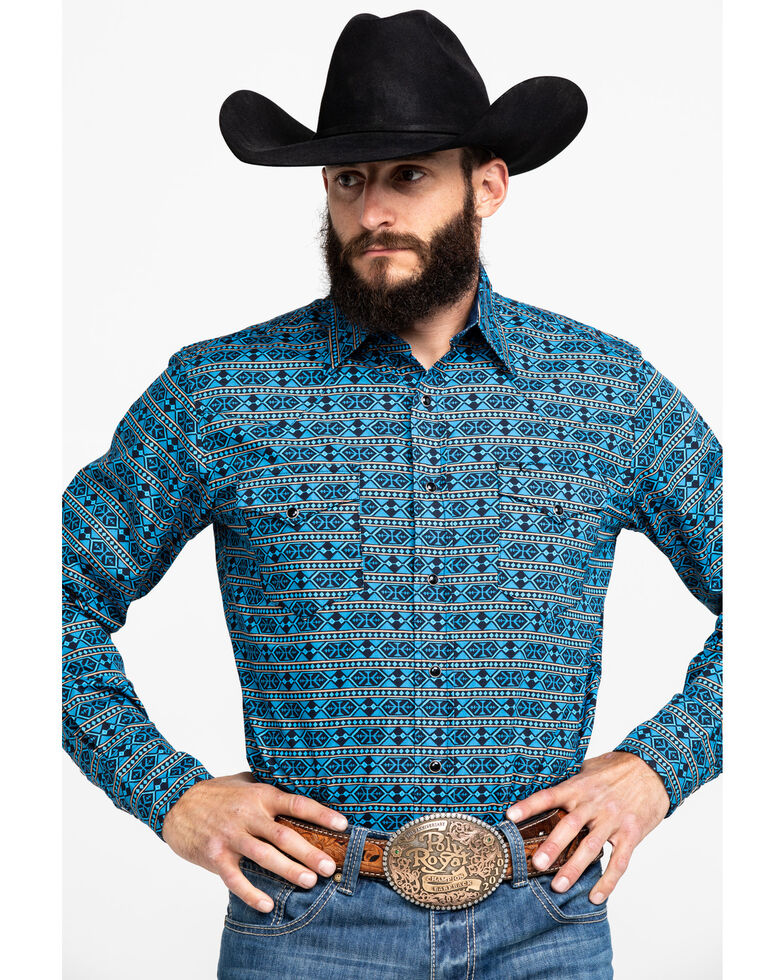 Roper Men's West Made Hex Southwestern Print Long Sleeve Western Shirt , Blue, hi-res
