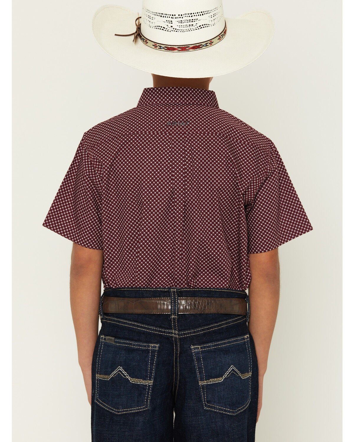 Image #4 - Ariat Boys' Geo Print Short Sleeve Button-Down Western Shirt, Maroon, hi-res
