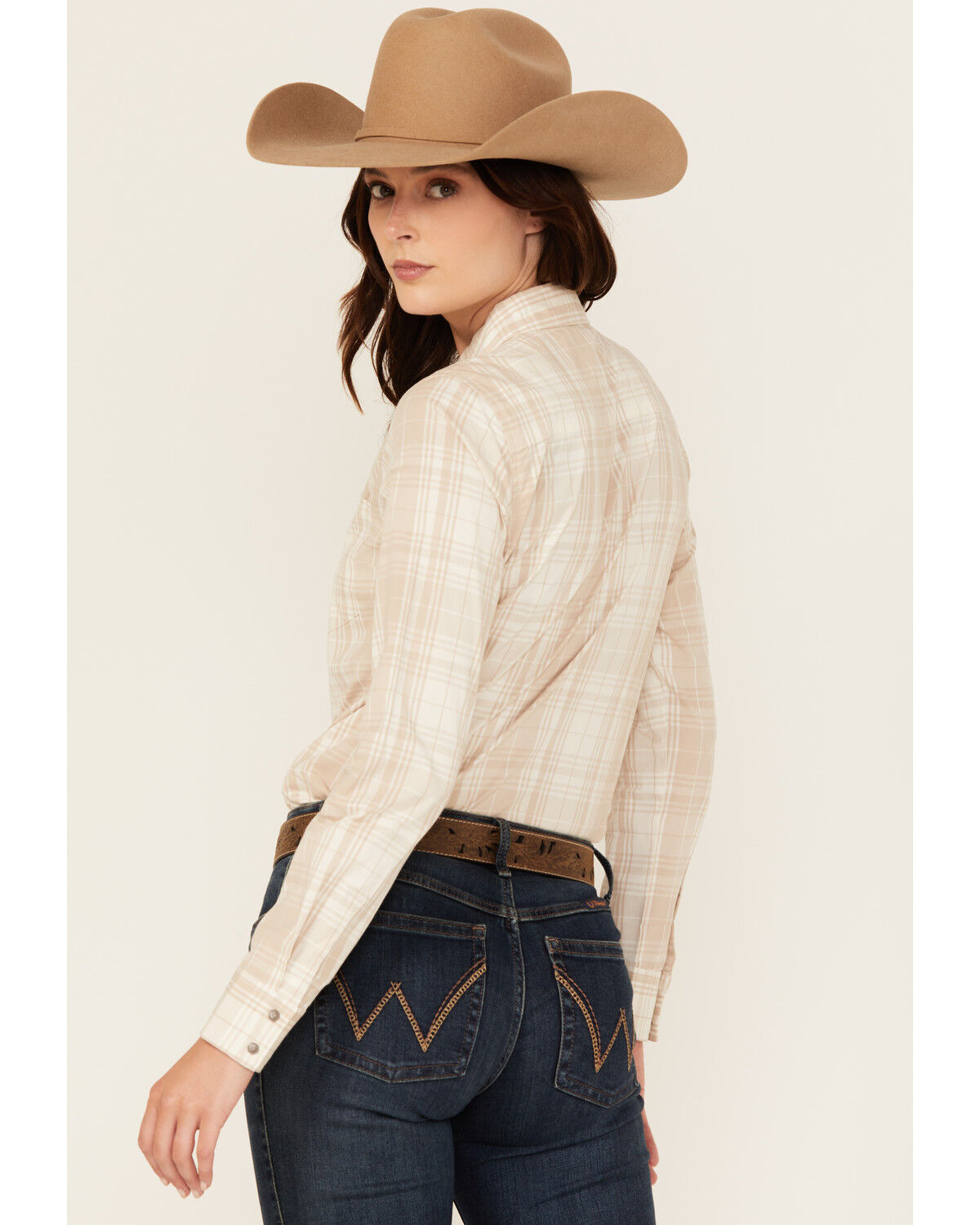 Image #4 - Shyanne Women's Plaid Print Long Sleeve Concho Snap Stretch Western Shirt, Natural, hi-res