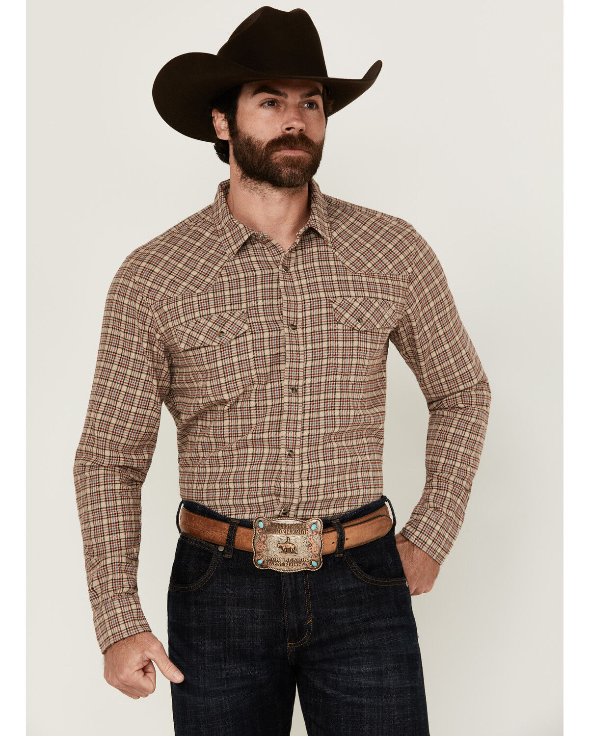 Image #1 - Blue Ranchwear Men's Euclid Plaid Print Long Sleeve Snap Western Shirt, Tan, hi-res