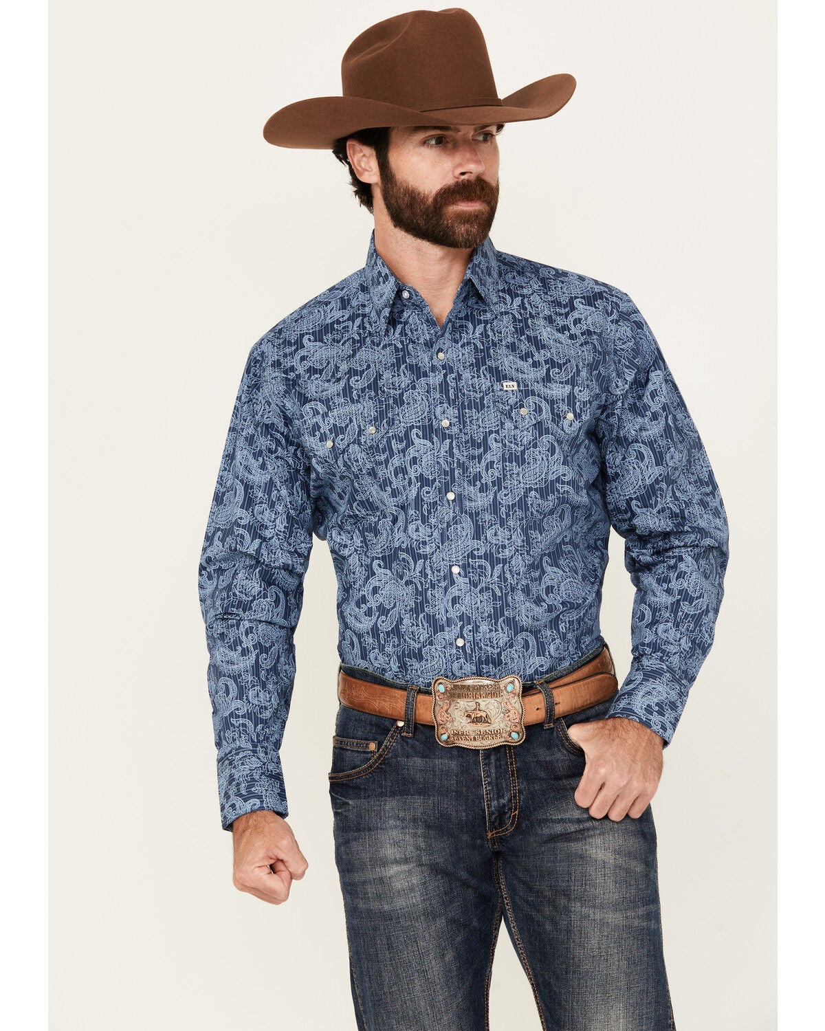 Ely Walker Men's Tonal Paisley Print Long Sleeve Snap Stretch Western Shirt, Blue, hi-res