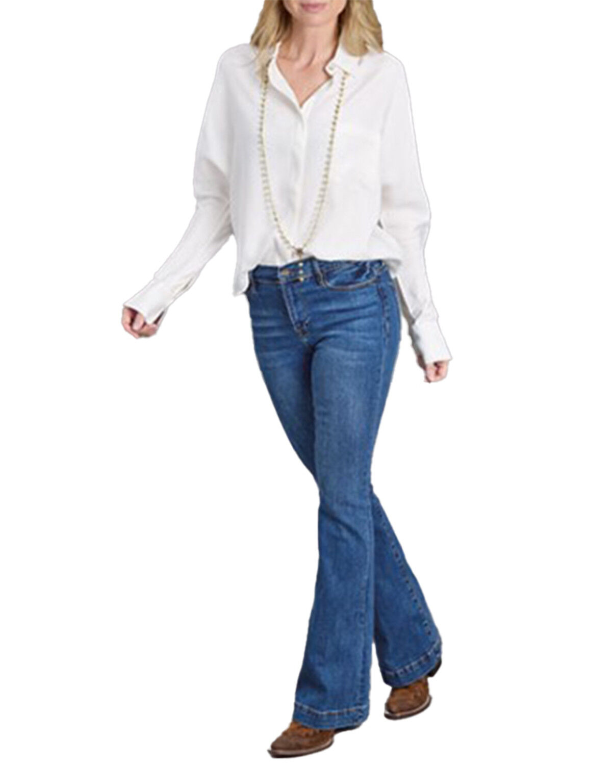 Image #1 - Stetson Women's Loose Collared Blouse, White, hi-res