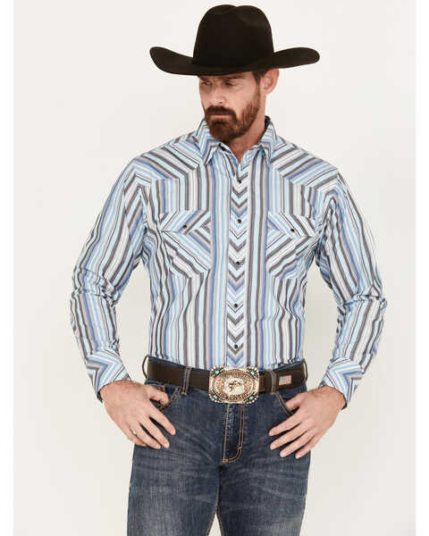Wrangler Men's Silver Edition Striped Print Long Sleeve Snap Western Shirt, Blue, hi-res