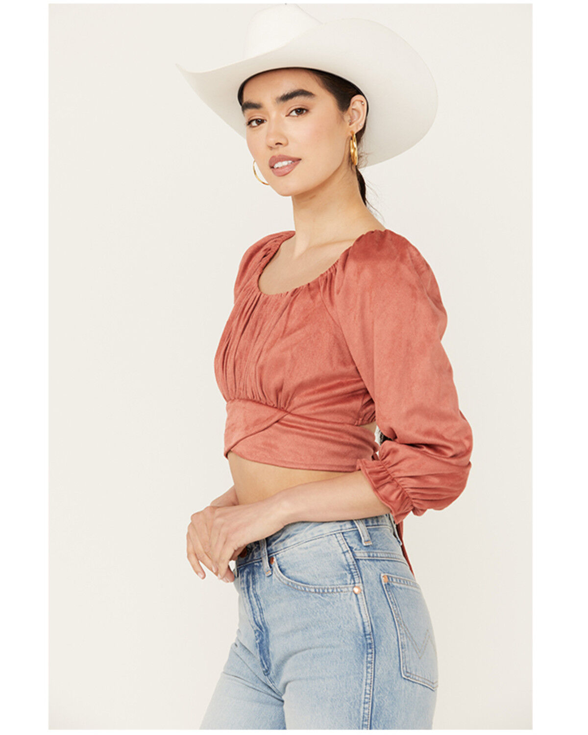 Image #1 - Beyond The Radar Women's Faux Suede Tie Back Top, Rust Copper, hi-res