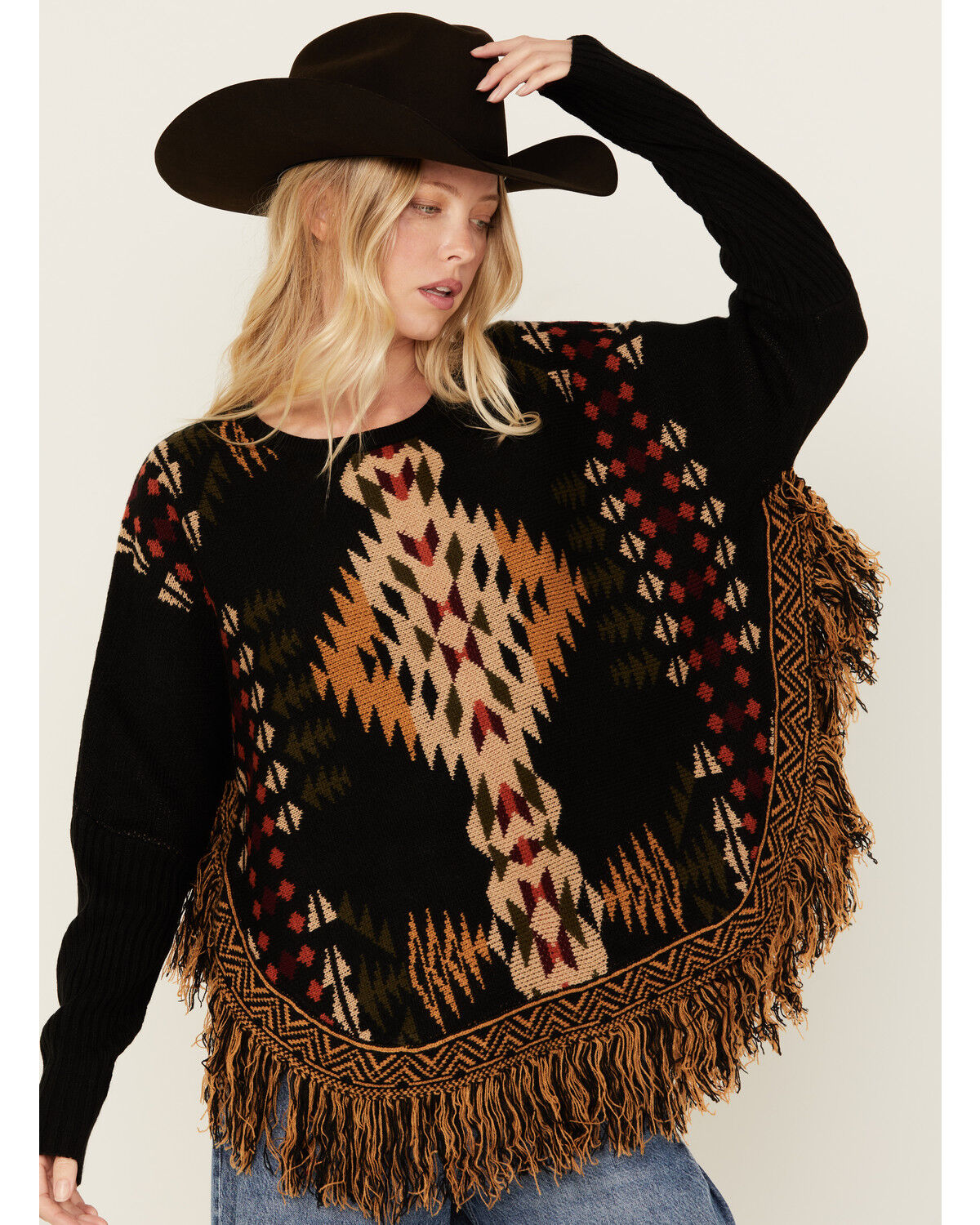 Image #1 - Cotton & Rye Women's Southwestern Fringe Pancho Sweater, , hi-res