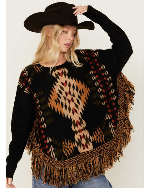 Cotton & Rye Women's Southwestern Fringe Pancho Sweater , Black, hi-res