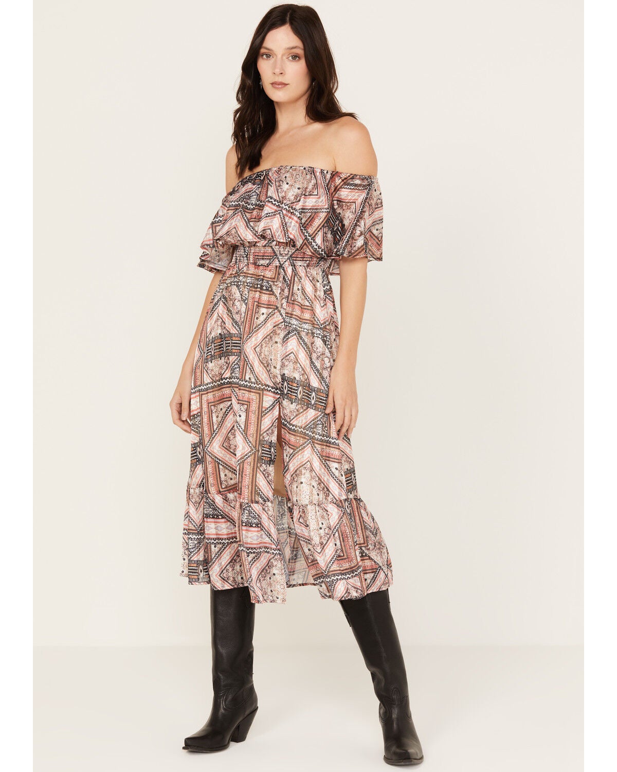 Shyanne Women's Off The Shoulder Ruffle Midi Dress, Pecan, hi-res