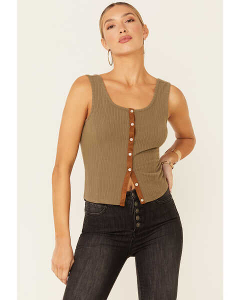 Image #1 - Shyanne Women's Ribbed Suede Placket Button-Down Tank Top , Olive, hi-res