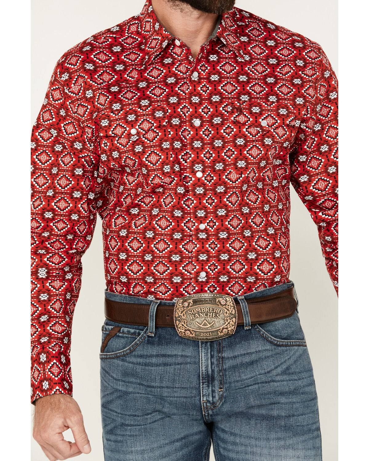 Image #2 - Rodeo Clothing Men's Southwestern Print Long Sleeve Pearl Snap Stretch Western Shirt, Red, hi-res