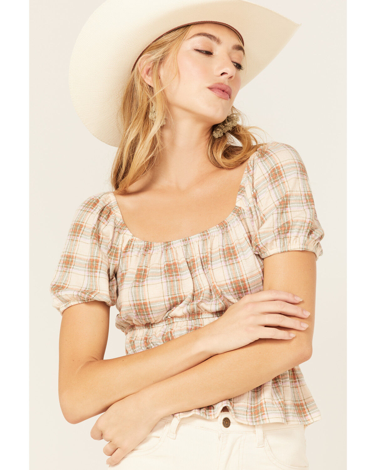 Image #2 - Jolt Women's Plaid Print Short Puff Sleeve Flutter Top, Ivory, hi-res