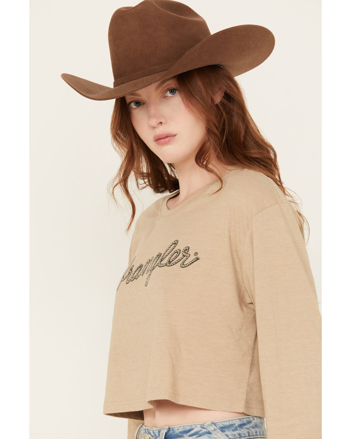 Image #2 - Wrangler Women's Logo Long Sleeve Graphic Cropped Tee, Oatmeal, hi-res
