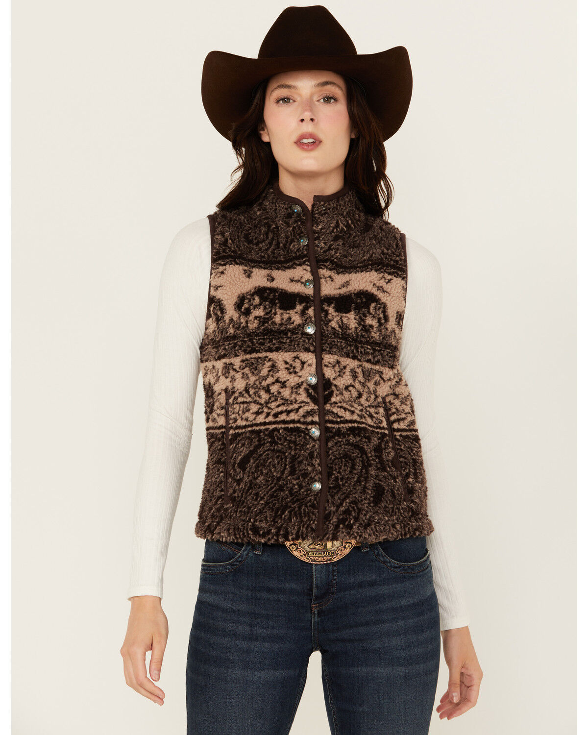 Image #1 - Shyanne Women's Buffalo Print Snap Sherpa Vest, Chocolate, hi-res