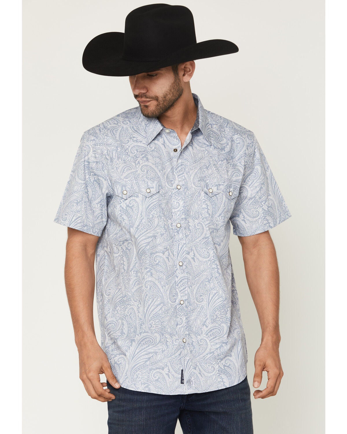 Moonshine Spirit&reg; Men's Smoke Paisley Print Short Sleeve Snap Western Shirt, Grey, hi-res