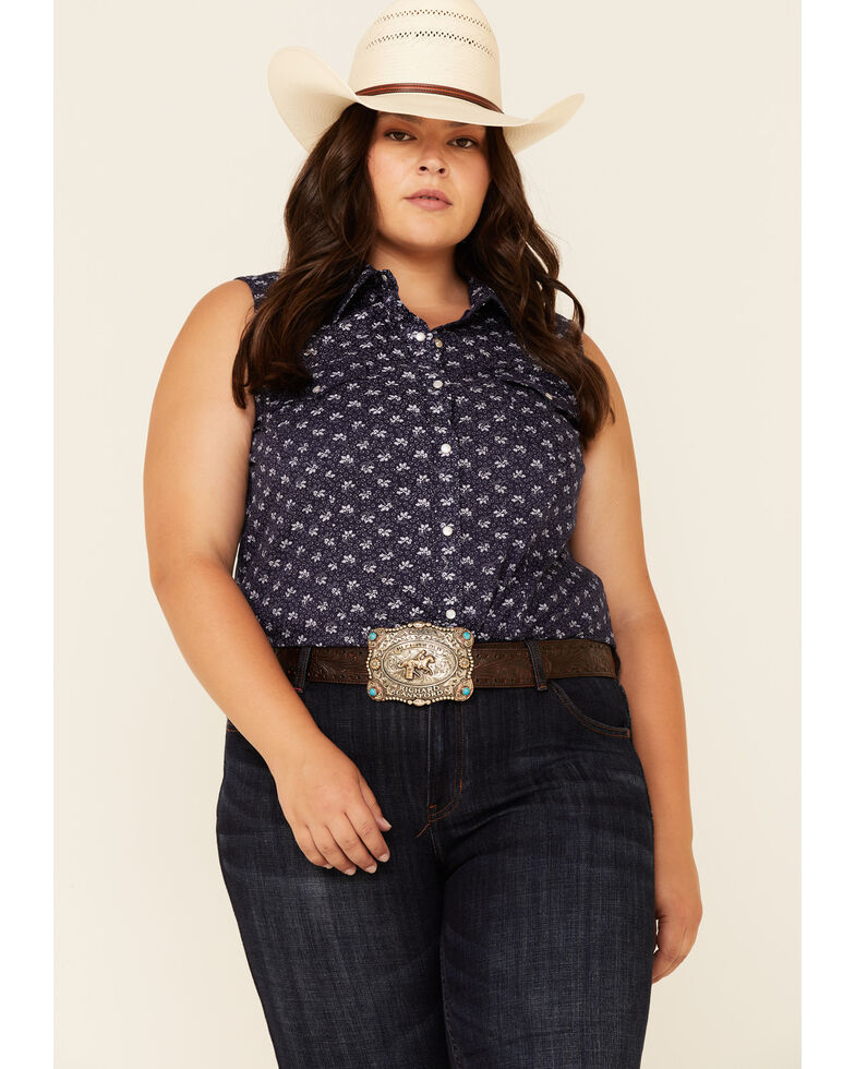Roper Women's Floral Print Sleeveless Snap Western Core Shirt - Plus, Blue, hi-res