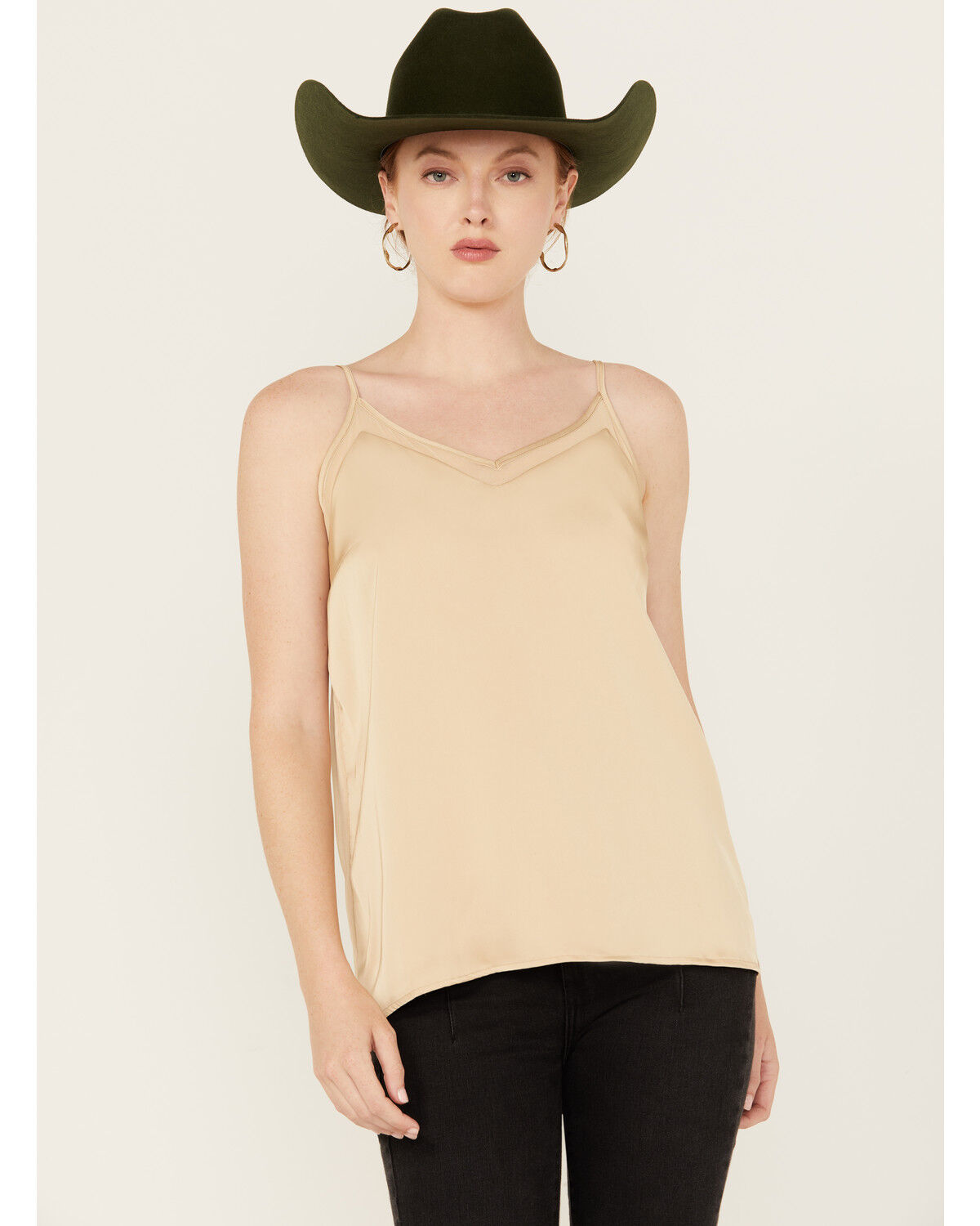 Image #1 - Rock & Roll Denim Women's Mesh Accent Satin Tank, Tan, hi-res