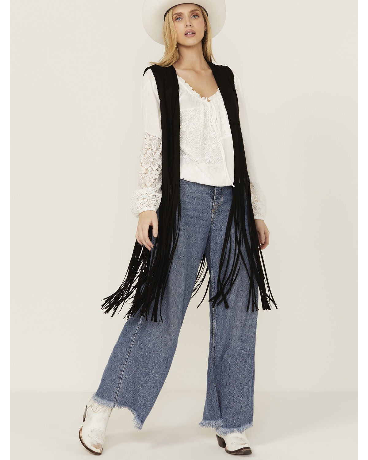 Fornia Women's Suede Fringe Vest, Black, hi-res