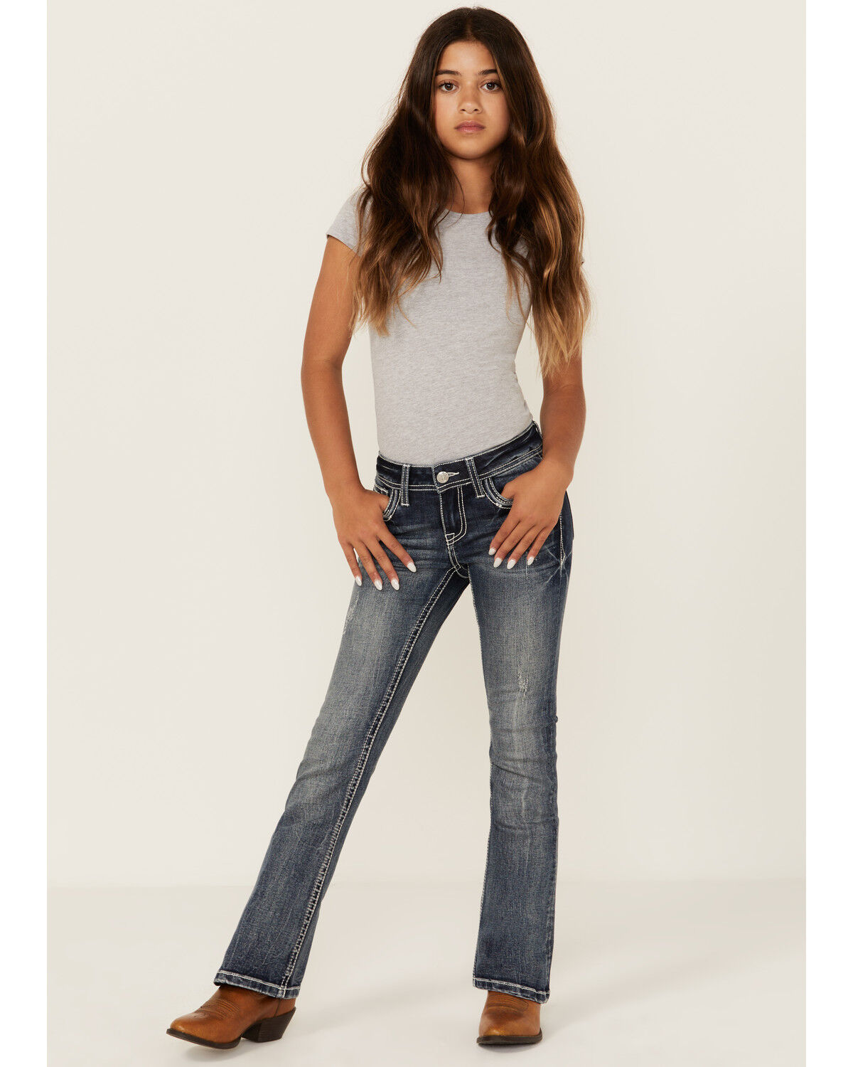 Image #3 - Grace in LA Girls' Medium Wash Thunderbird Pocket Bootcut Stretch Denim Jeans, Medium Wash, hi-res