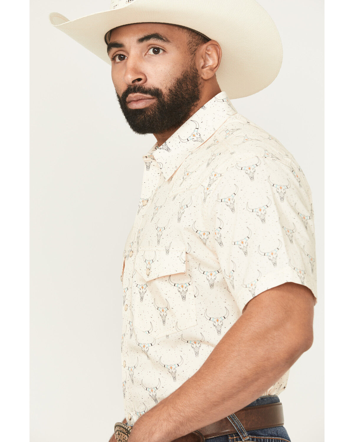 Image #2 - Rock & Roll Denim Men's Dale Drisby Longhorn Print Short Sleeve Snap Stretch Western Shirt, Cream, hi-res