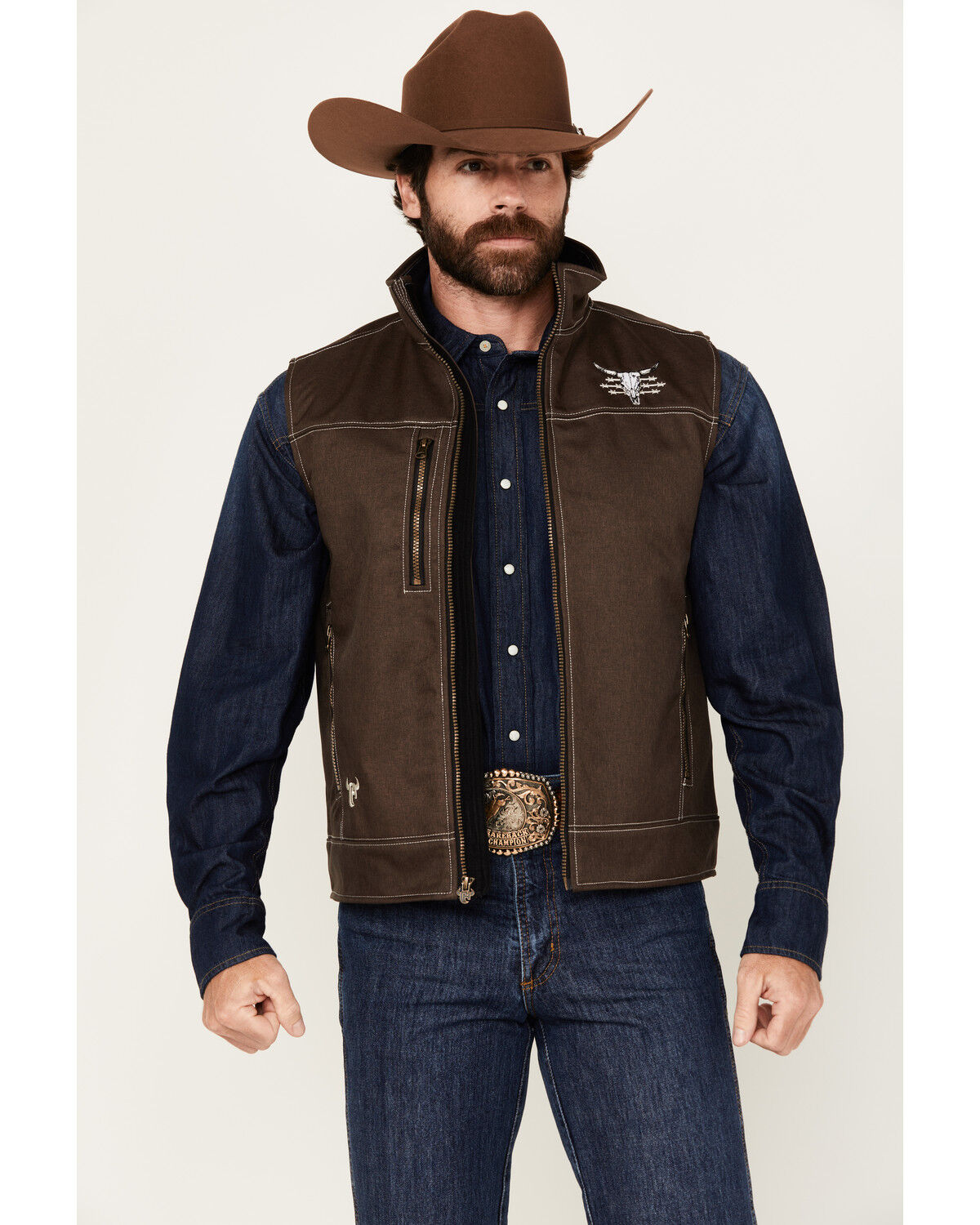 Image #1 - Cowboy Hardware Men's Live Free Woodsman Softshell Vest, Chocolate, hi-res