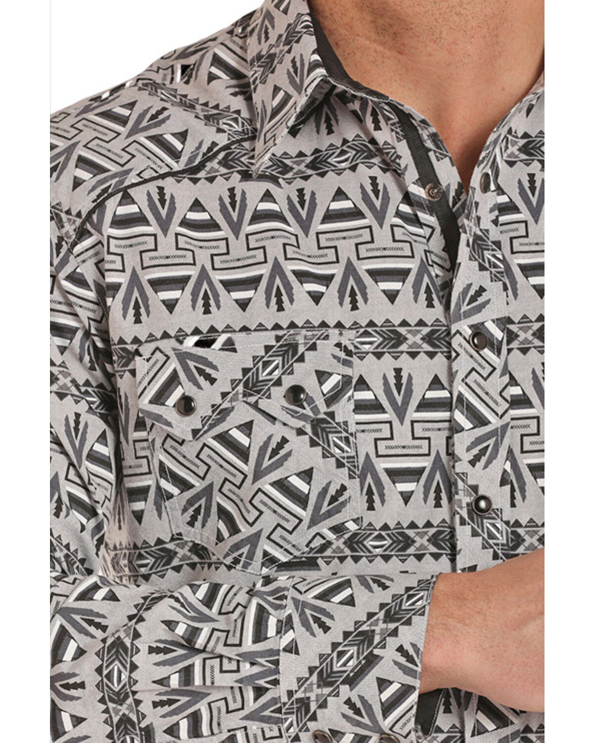 Image #3 - Rock & Roll Denim Men's Southwestern Chambray Print Long Sleeve Western Shirt, Black, hi-res