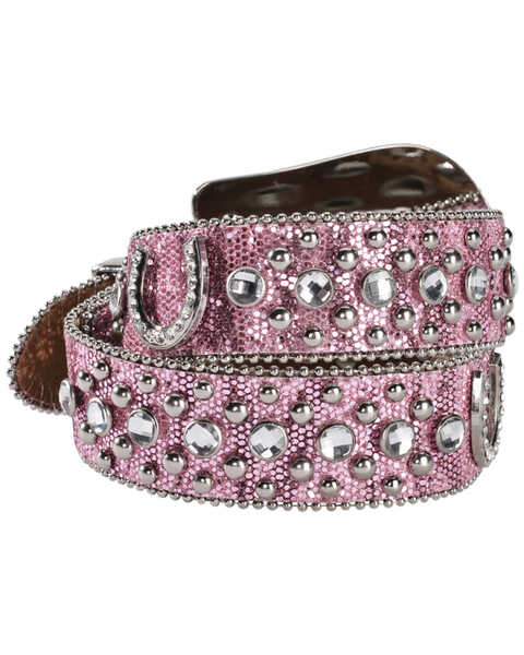Image #2 - Nocona Belt Co. Girls' Glittery Horseshoe Concho Western Belt, Pink, hi-res