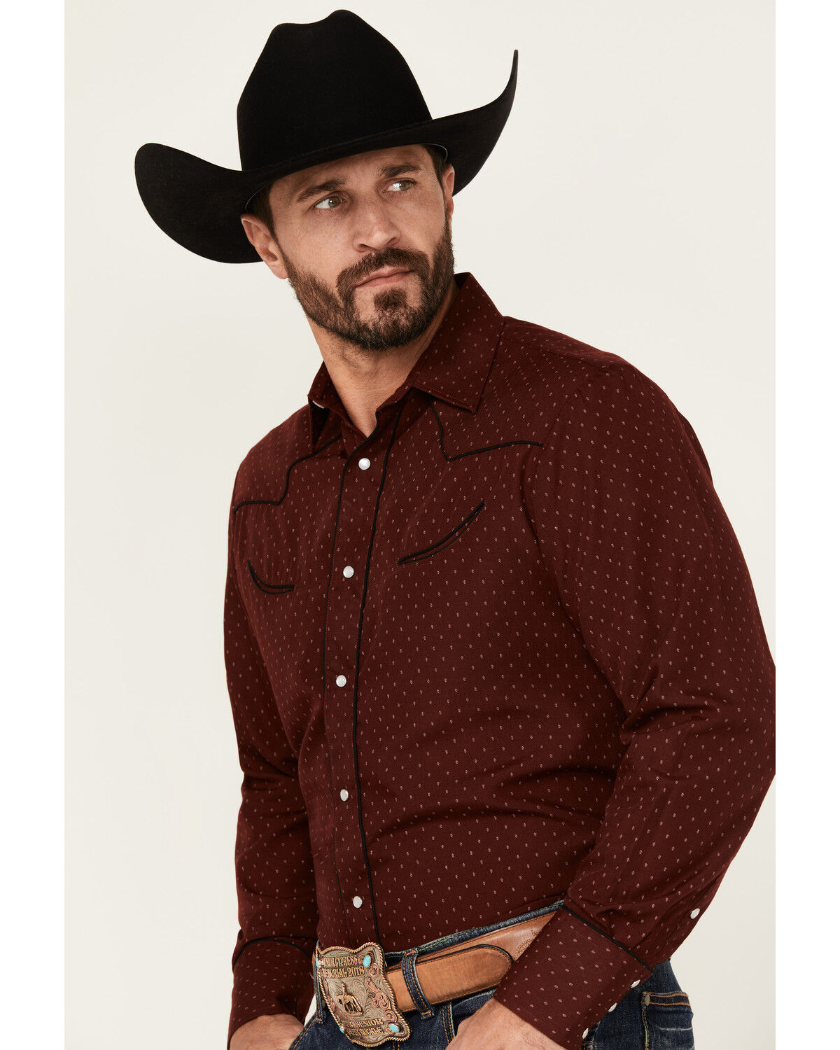 Image #2 - Roper Men's Printed Long Sleeve Pearl Snap Western Shirt, Wine, hi-res