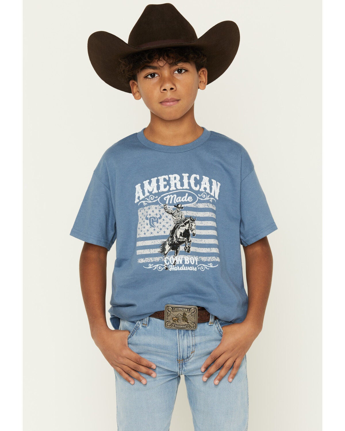 Image #1 - Cowboy Hardware Boys' American Made Short Sleeve Graphic T-Shirt, Blue, hi-res