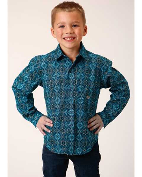 Roper Boys' Ruby Falls Printed  Long Sleeve Snap Western Shirt, Blue, hi-res