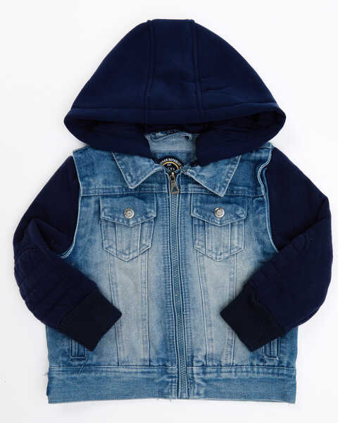 Urban Republic Toddler Boys' Medium Wash Denim Vest Layered Hooded Jacket, Navy, hi-res