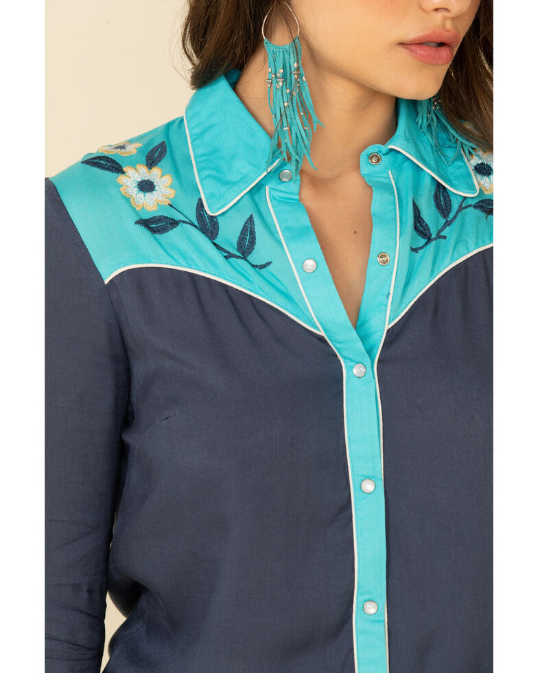 Studio West Women's Blue Retro Floral Embroidered Long Sleeve Western Shirt, Blue, hi-res