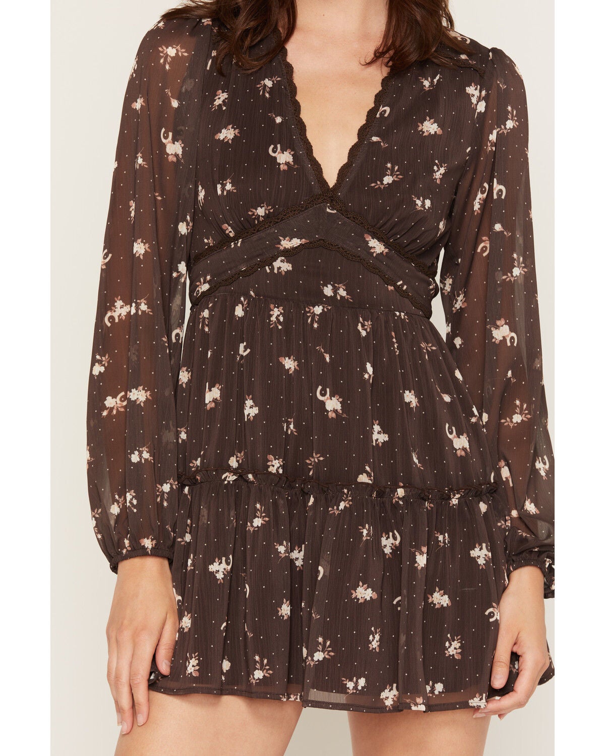 Image #3 - Trixxi Women's Floral Print Polka Dot Long Sleeve Mini Dress, Brown, hi-res