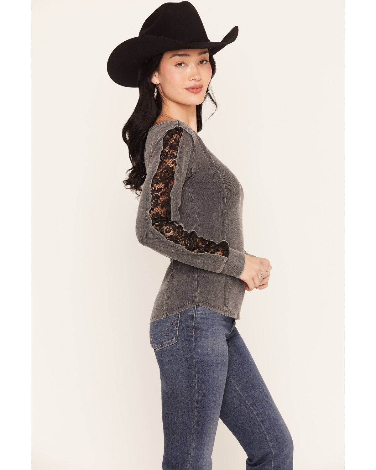 Blended Women's Contrast Stitch Lace Long Sleeve Top, Black, hi-res