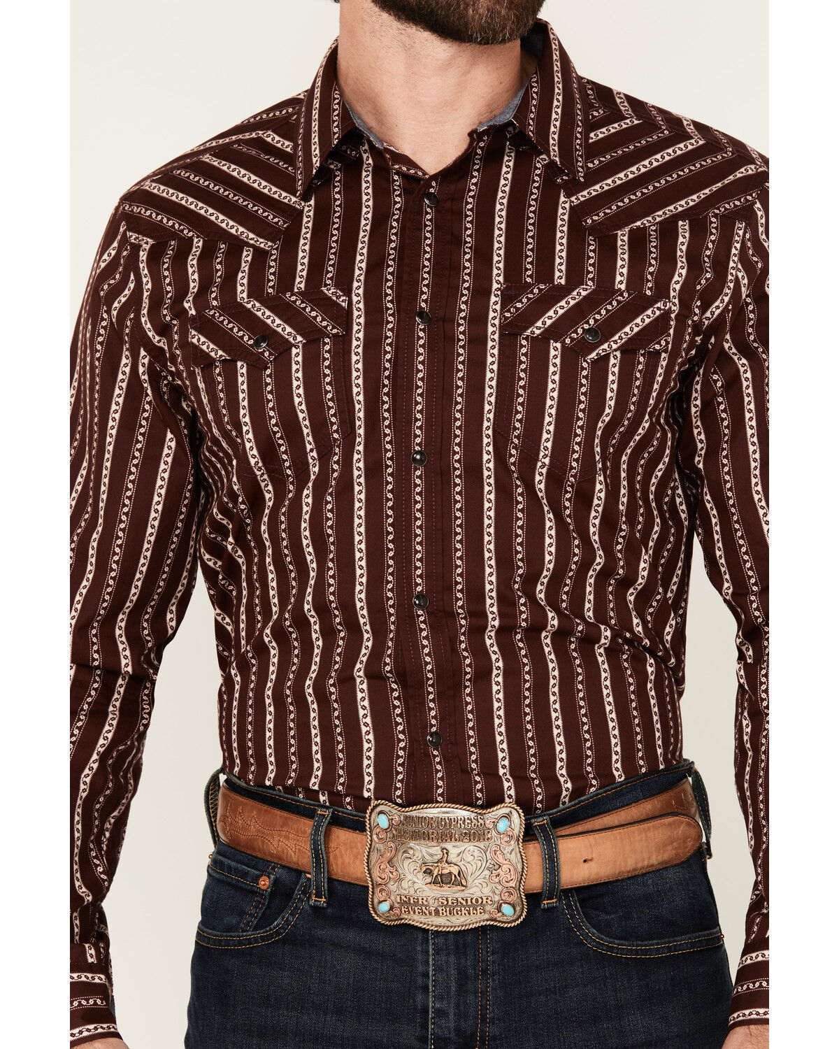Image #3 - Cody James Men's Hansen Vertical Striped Wallpaper Print Long Sleeve Snap Western Shirt, Burgundy, hi-res