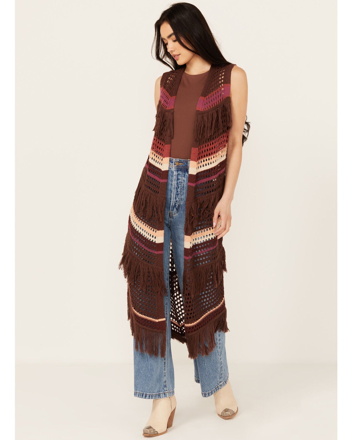 Shyanne Women's Long Striped Crochet Fringe Sweater Vest, Dark Brown, hi-res