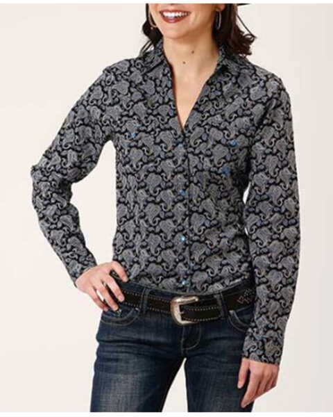 Roper Women's Paisley Print Long Sleeve Pearl Snap Western Shirt, Black/blue, hi-res